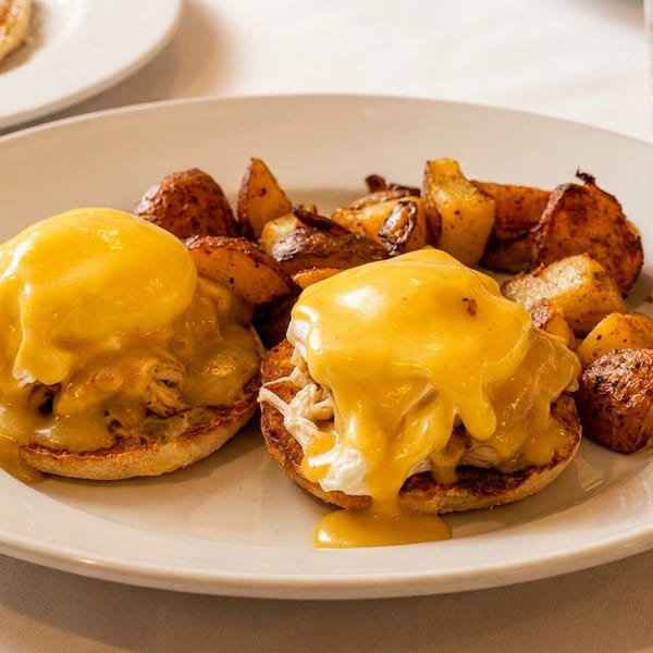 Two eggs Benedict with hollandaise sauce and roasted potatoes on a white plate.