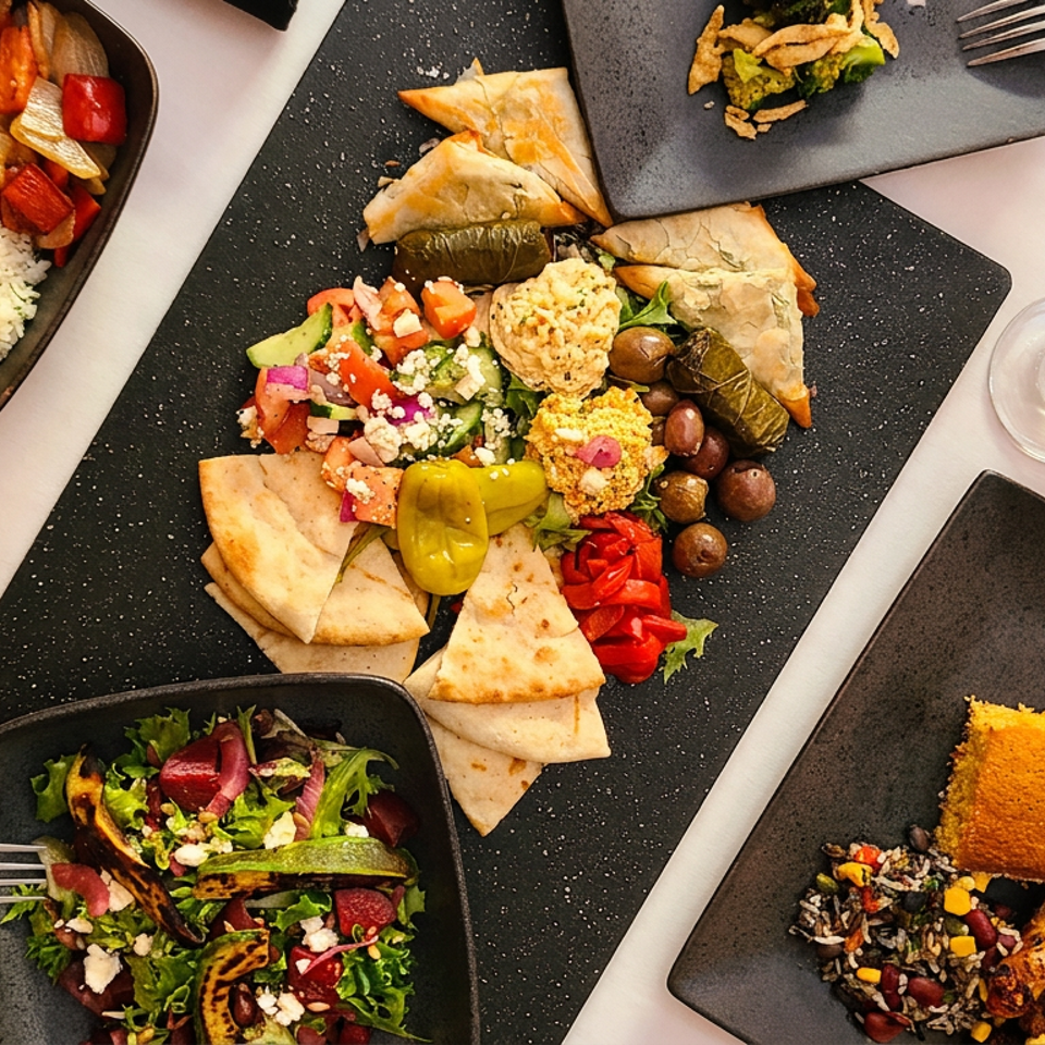 Overhead view of a table laden with various Mediterranean dishes and glasses of red wine.
