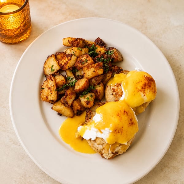 Eggs Benedict with hollandaise sauce and roasted potatoes on a white plate, next to a lit candle.