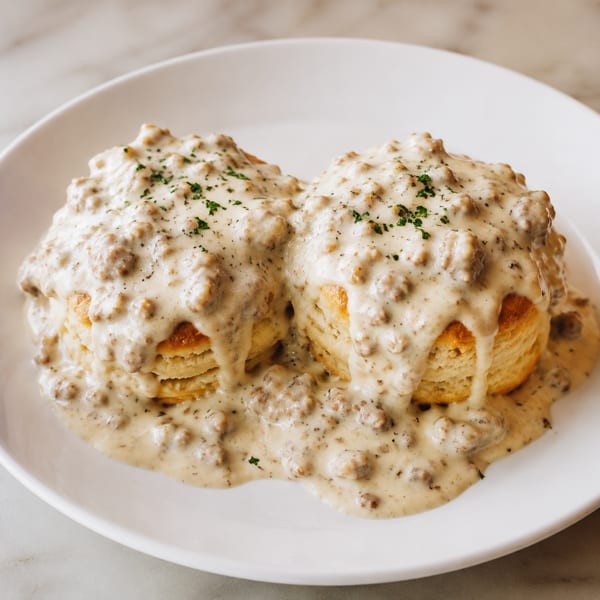 Two fluffy biscuits covered in creamy sausage gravy and sprinkled with parsley on a white plate.
