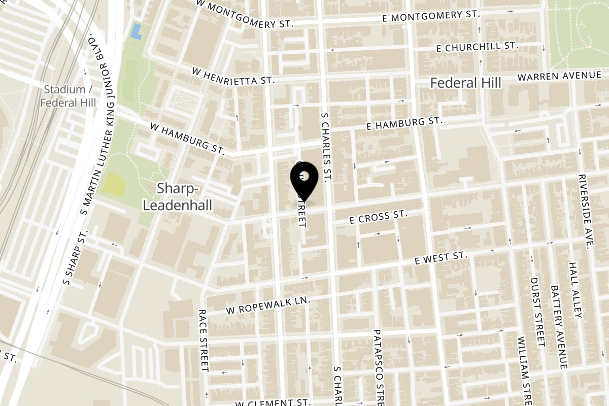 Map showing the location of SoBo Kitchen & Bar on 6 W Cross St in Baltimore